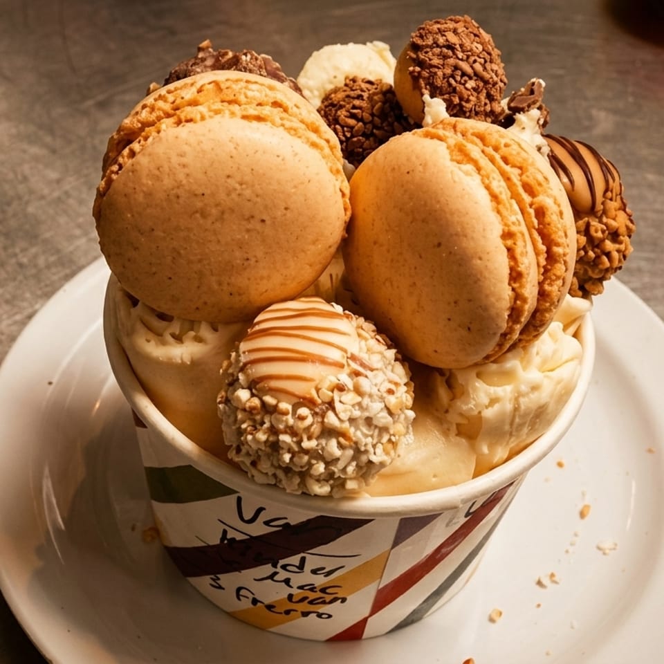 Ice cream cup with macarons, chocolate truffles, and nuts on a white plate.