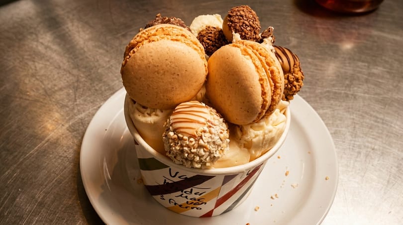 Ice cream cup with macarons, chocolate truffles, and nuts on a white plate.