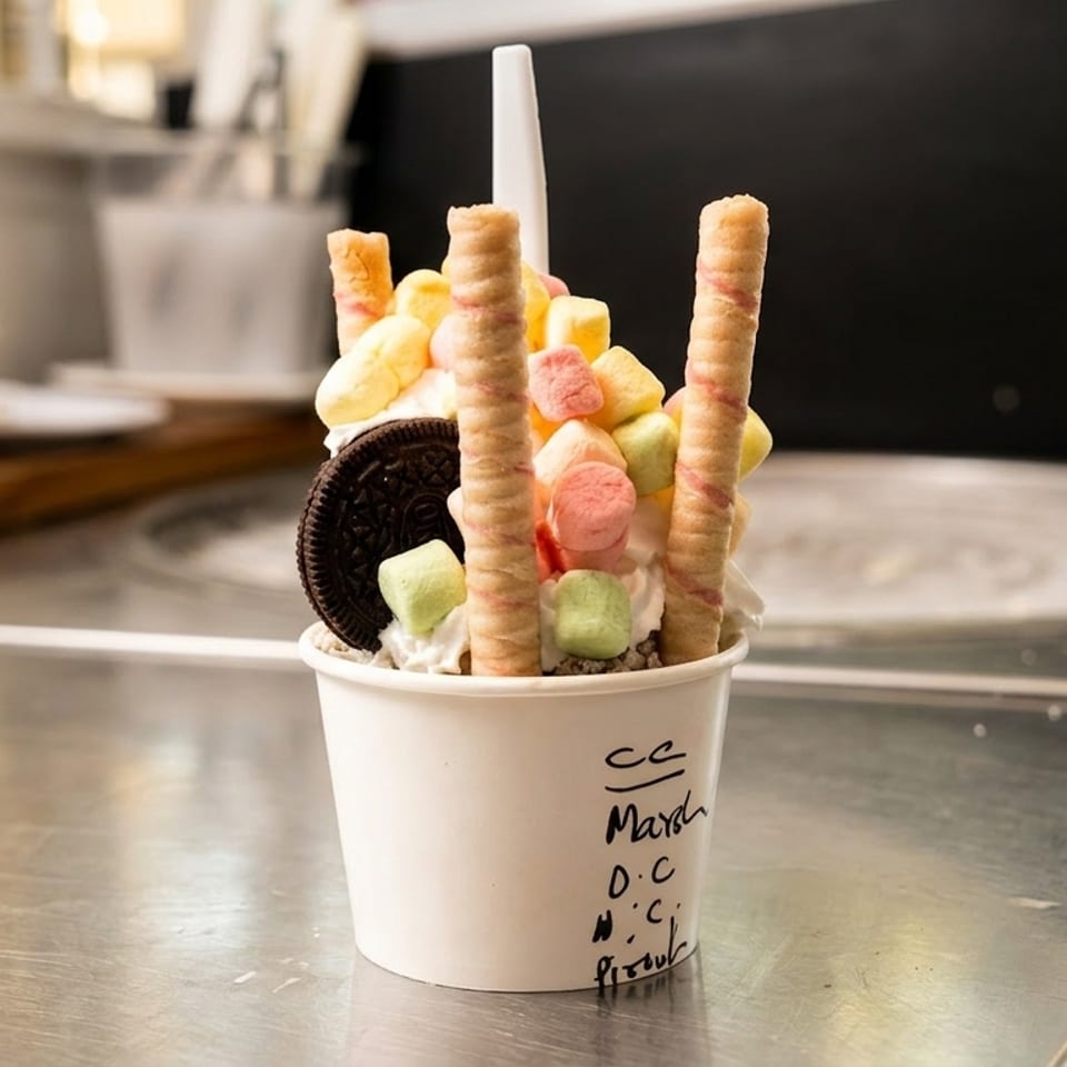 Rolled ice cream with colorful marshmallows, wafer sticks, and an Oreo cookie in a cup.
