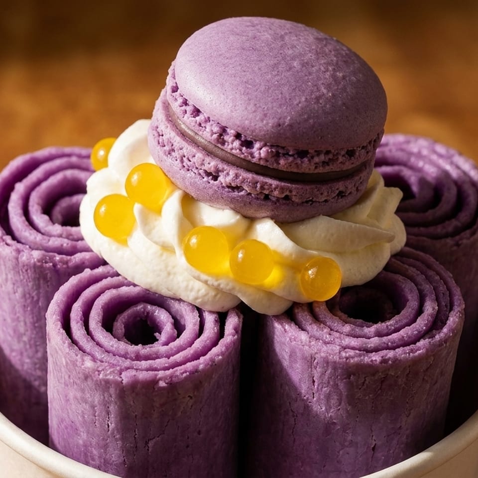Purple rolled ice cream in a cup, topped with whipped cream, yellow boba, and a purple macaron.