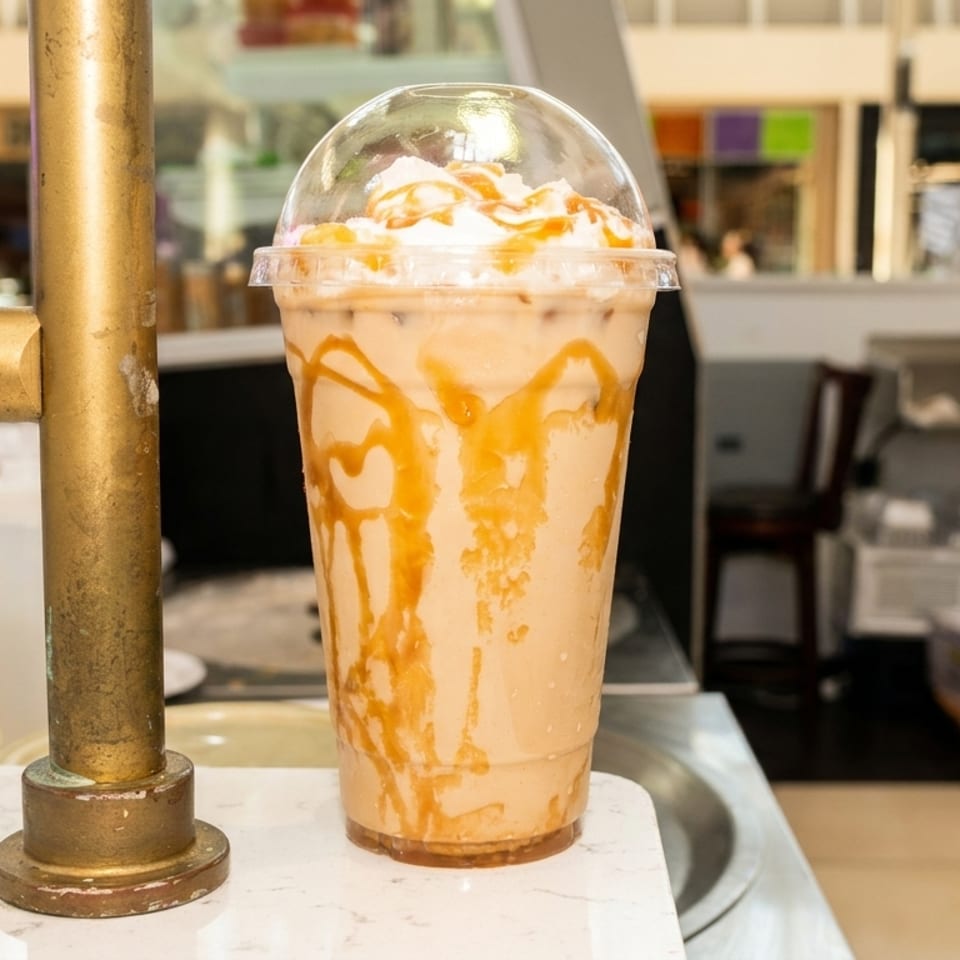 A caramel iced coffee with whipped cream and caramel drizzle sits on a white counter.